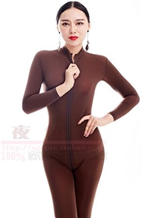 New Sexy Brown Two Way Zipper Open Crotch Bust Transparent Bodysuit Turtleneck Body Stockings Club Wear Sexy Lingerie FX38