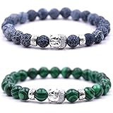 Bracelet Perle Bouddhiste - Deux Bracelets en Perles Naturelle avec amulette tête de Bouddha et Pierre de Protection Chakras - Bracelet Couples Perles d'Énergie