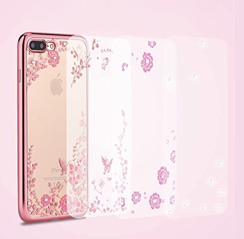 LOXXO New Edition Case For Apple Iphone 7 Plus Shockproof Silicone Soft TPU Transparent Auora Flower Case with Sparkle for Apple Iphone 7 Plus Back Cover Rose Gold