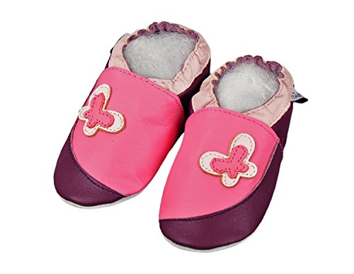Lederpuschen Hausschuhe Schläppchen Kindergartenschuhe Krabbelschuhe Baby Lederschuhe Lauflernschuhe mit Wildledersohle Gr.17-31 von Lappa.de „Schmetterling rosa-lila“ Art.101 - 3
