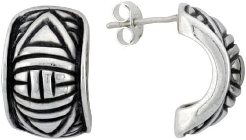 Sterling Silver Half Hoop Bali Style Post Earrings, w/ Triangular Pattern, 5/8" (16mm) tall