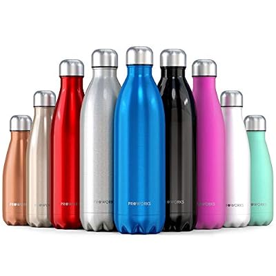 Proworks Flasque en Acier Inoxydable, sans BPA, Bidon Métallique sous Vide pour Maintien Chaud de 12 Heures & du Froid Jusqu'à 24 Heures, pour Sport, Gym, Voyage - 1 Litre - Bleu
