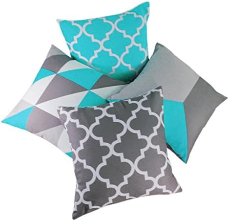 Red Rainbow Modern Teal Blue & Grey Geometric Design, with Contrast Colour Reverse Side, Set of 4 Different but Coordinating Prints, 18 inch Cushion Covers