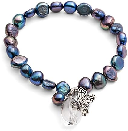 The Pearl Collection - Black Freshwater Pearl Bracelet with Silver Butterfly and Crystal Pendant