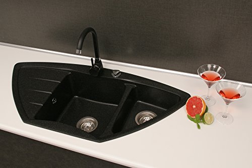 Eckspüle aus Granit VENDETTA in GRAPHIT | Einbauspüle ab 80er Unterschrank | 1,5-Becken-Küchenspüle mit Abtropffläche | Antibakterielle Beschichtung | incl. kompletter Ab-/Überlaufgarnitur + Drehexcenter + 2 Siebkorbventilen - 5