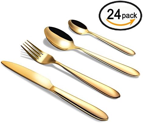 ROSE CREATE 24-piece Premium Stainless Steel Flatware Sets, 12 Spoons, 6 Knives, 6 Forks, Fork and Knife Box Set (Golden - 6 Sets, Pack of 24)