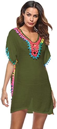 Womens Bikini Cover Up, Sonnena Women Tassel Swimsuit Bikini Stylish Beach Cover Up Womens Loose Beachwear Swimwear Sunscreen Bikini Cover-up Beach Dress Summer Swimsuit (Free Size, Army Green)