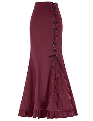 Yafex Belle Poque® Femme Rétro Gothique Plissée Dentelle Elastique Sirène Longue Jupe (S, Rouge)