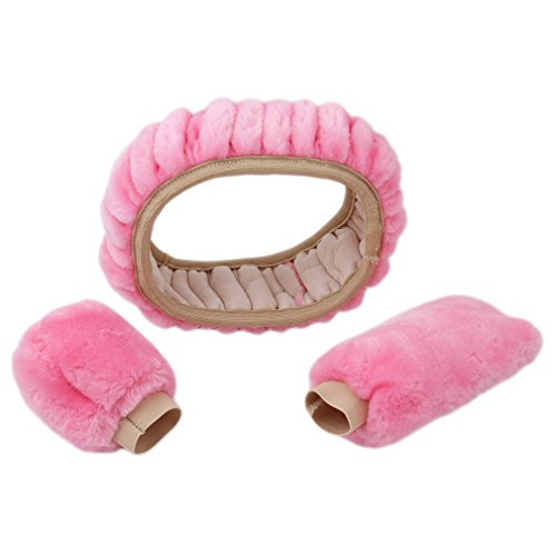 VWH 3Pcs Hiver Chaud Peluche Handbrake Couverture de Levier de Vitesse Cover Volant Cover Accessoire Voiture Rose
