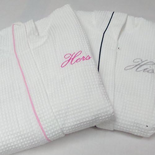 HIS AND HERS PERSONALISED 100% COTTON WAFFLE HOODED BATHROBE SET WHITE WITH BLACK/PINK PIPING