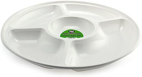 4 x WHITE PLASTIC DISPOSABLE 5 COMPARTMENT/PLATTER - 34cm Great for nibbles snacks dips
