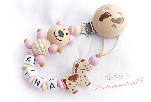 Girl's Unique Dummy Chain Happy Teddy - Baby Shower Gift - (natural, rose)