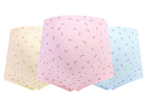 Feoya Mujer Bragas Maternidad Algodón para Embarazadas Calzoncillo Ajustable de Pre-mamá Cintura Alta Apoyo el Vientre Pregnant Underwear Paquete de 3 Patrón de Lazos - Amarillo/Rosa/Azul XL