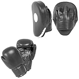 Lions Injection Mould Boxing Gloves 12oz and Curved Focus Pads Set Hook & Jab Mitts Punch Bag Training Punching Sparring Black
