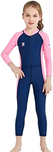 CADong Kids Boys Girls Wetsuit One-piece Long Sleeve Sunsuit Sun Protection Bodysuit Quick Drying Swimsuit (Pink-Deep blue, 2XL)