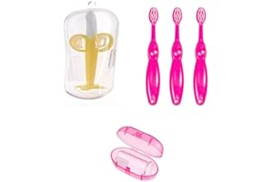 Sanitral-Baby’s complete First Toothbrush Kit-Pink 0-2 Years-Set Of 3 | Baby Banana Teether with Case | Baby Finger Silicone Toothbrush-Pink | Toddler Toothbrush-Pink 3 Pcs (0-24 months )