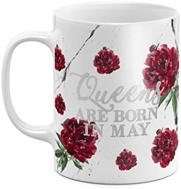 Queens Are Born In May Spring Red Flowers Blossoms & Marble Pattern 11 ounce Ceramic Tea Coffee Mug