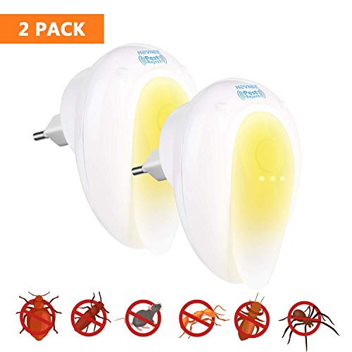 HOVNEE Repelente Ultrasónico Mosquitos 2 Piezas, Repelente de insetos 2019 Control de Plagas para Interiores para Cucarachas, Roedores, Moscas, Hormigas, Arañas, Pulgas, Ratoncitos--Seguro para niños