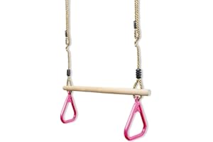 CHILDWOOD PLAY Kids Wooden Trapeze Bar with Pink Gym Rings for climbing frame swing sets Play Den Tree house attachment