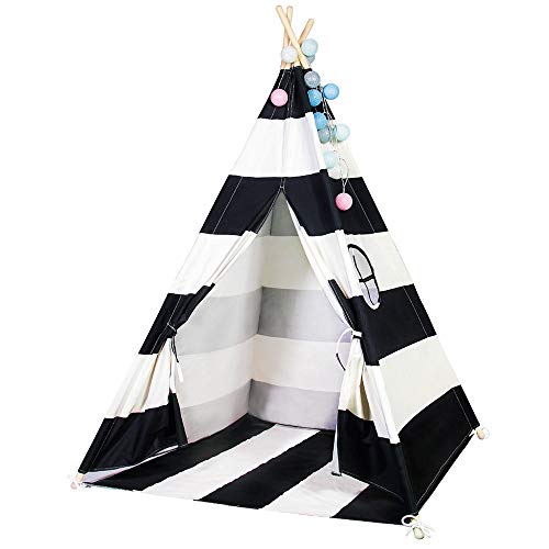 scriptract Kids Teepee Tent Playhouse 100% Natural Cotton Canvas with Window & Carrying Bag ,Foldable Tipi for Indoor & Outdoor (Black)