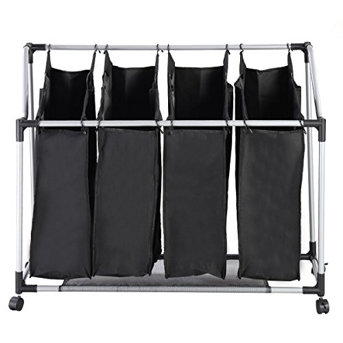 Wäschesortierer Wäschewagen Wäschekorb Wäschebox Wäschesammler mit 4 Fächern Wäschebeutel Wäschesack Wäschetasche in schwarz - 2