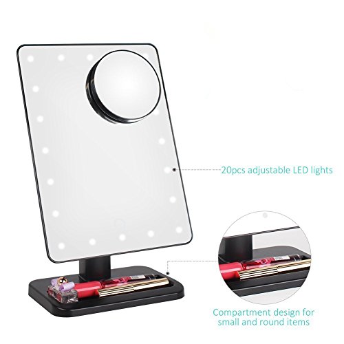 LED Makeup Spiegel mit 20 dimmbaren LED, Touch Screen Dimmen Eitelkeitsspiegel, Beleuchteter Kosmetikspiegel mit Abnehmbarem 10X Vergrößerungsfleck, Bidirektionierter Drehbarer LED Spiegel für Rasieren, Ankleiden, Tisch, Schreibtisch (Schwarz) - 5
