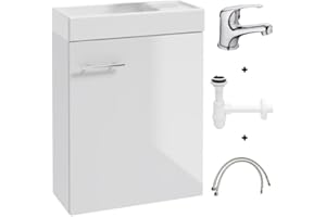 Deftrans Lavabo para invitados con armario inferior de 50 x 70 x 23 cm, lavabo de invitados pequeño set – armario bajo lavabo blanco con sifón y grifo de lavabo