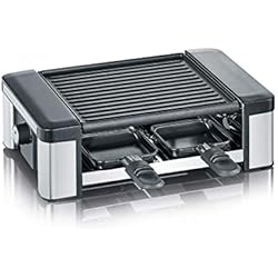 SEVERIN Partygril-Raclette avec Plaque de Cuisson Réversible, env. 600 W, 4 Poêles et 4 Spatules en Bois Incluses, RG 2674