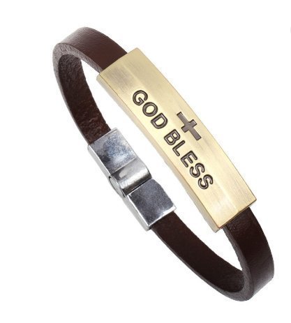 Retro-Punk-Fashion Style Genuine Brown Leather Strap Bracelet Wristband Bangle (Godbless Cross)