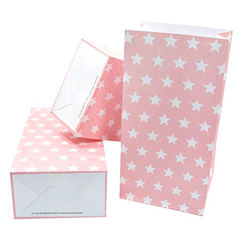 12 Frau Wundervoll Papiertüten mit Boden rosa, weiße Sterne, 100 Gramm Papier / Blockbodenbeutel aus Papier / Gastgeschenk Hochzeit