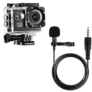 Plasmic Combo Pack of 2 Items - 1080p Sports Waterproof Action Camera, 3.5mm Professional Mini Metal Microphone (1 Year Warranty)