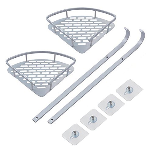 Swallowzy Badezimmer Eckregal, haltbares Aluminium Sticky Nein Bohrer Regal Dusche Lagerung Handtuch Wandhalterung Regal Dusche Caddy Regal Storage Rack Corner Shampoo Korb-Halter mit Haken, Style A 2 Tier - 3