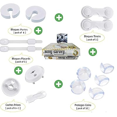 Xcellence Kit de Sécurité Bébé Complet - 5 Bloque placard Enfant – 5 Verrou de Sécurités - 10 Protège Coin Table - 4 Protection Bloques Porte en Mousse - 6 Cache Prise Electrique de Protection enfants – Discret