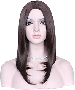 Thrift Bazaar Women Centre Parting Medium Long Straight Heat Resistant Synthetic Hair Bob Wig for Daily Use Cosplay (Dark Brown)