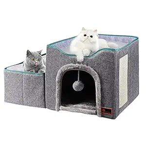 MAYWARD Cat Cube Foldable Cat House with Detachable Storage Box for Indoor, Dog Stairs Multifunctional Cat Bed Cave with Ball Hanging and Scratch Pad for All Seasons