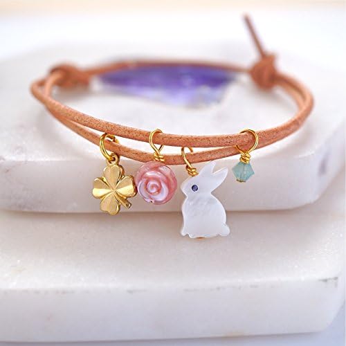 Mother of pearl rabbit and clover bracelet ,leather bracelet charms and swarovski bead,lucky bracelet