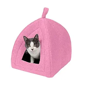 Furhaven Pet Cat Bed - Triangle Hooded Tent House Cave Fleece Dome Lounger Hood Pet Bed for Cats & Small Dogs, Cotton Candy Pink, One-Size