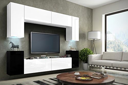 FUTURE 1 Wall Console Unit, Premium Entertainment Package, High Gloss / Mat, TV Stand, Modern Display Units, Brand New Suite, Many Colours (RGB LED Lighting Available) (White&amp;Black MAT base / White&amp;Black MAT front, 16-colour illumination with remote control)