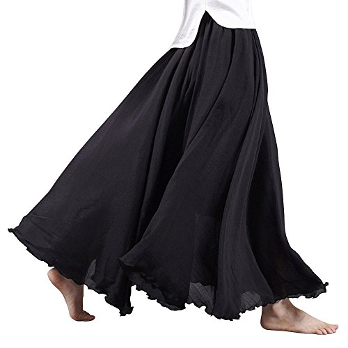 sankill Lin Coton Maxi Jupe Cheville Longue Pure Couleur Bohème Couche Double avec Ceinture élastique