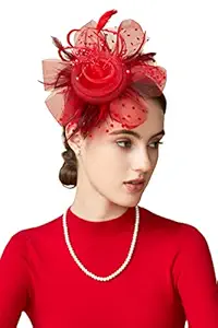 Red: Babeyond WomenS Fascinators Hat Mesh Feather Fascinator Flower Hair Clip Veil Derby Hat Bridal 1920S Headpiece For Cocktail Tea Party (Red)