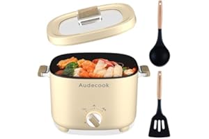 ‎AUDECOOK Audecook Elektrischer Hot Pot, 2.5L Tragbare Antihaft Multikocher, Antihaftbeschichtung mit Wabentextur, Elektrischer Reisetopf Wokpfanne mit Dual Leistungssteuerung für Steak/Nudeln/Suppe/Ei (Beige)