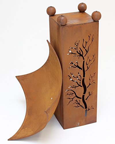 Frank Flechtwaren, 229513: Metall-Deko-Säule ‚Feuerschale‘ (2-teilig) lackiert in schimmerndem Braunton mit trendiger Rost-Optik und aufwändiger Baumausstanzung (Gesamthöhe: 75cm) - 4