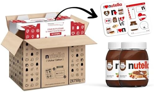 Bi-pack Nutella 750g con Sticker Nutella, Crema Spalmabile alle Nocciole e Cacao, Senza Glutine, Conservanti e Grassi Idrogenati, Formato Scorta per Famiglia, Ideale a Colazione, Idea Regalo