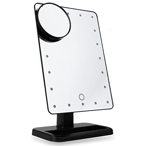 LED Makeup Spiegel mit 20 dimmbaren LED, Touch Screen Dimmen Eitelkeitsspiegel, Beleuchteter Kosmetikspiegel mit Abnehmbarem 10X Vergrößerungsfleck, Bidirektionierter Drehbarer LED Spiegel für Rasieren, Ankleiden, Tisch, Schreibtisch (Schwarz)
