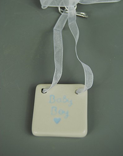 White and Blue Ceramic Square Heart New Baby Boy hanging Plaque Gift Tag Christening 1st baby gift