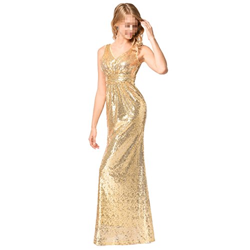 EALSN Frauen Pailletten Abend Party Kleider Sleeveless V-Ausschnitt Cocktail Lange Kleider,Gold-S - 3