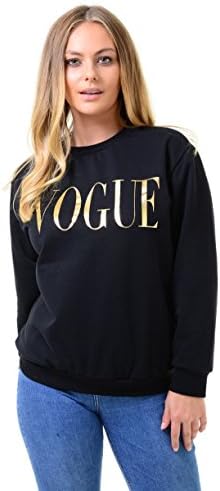 Love Celeb Look LCL- Women Vouge Gold Foil Print Longsleeve Sweatshirt Top Ladies Jumper New 8-14 (Black, S/M : 8/10)