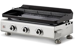 BRASERO - Plancha Silvia IIG Inox 3 feux Brasero - Surface cuisson 67 x 34 cm - 3 brûleurs - Plaque Fonte émaillée fabriquée en France - Grille de réchauffement - Jusqu'à 10 convives - 7,5kW