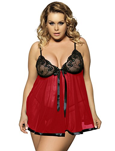 Yummy Bee Lencería Babydoll Conjunto Ropa Dormir Ropa Interior Encaje Camisón Talla Gran 36-58 (Rojo Negro, 48)