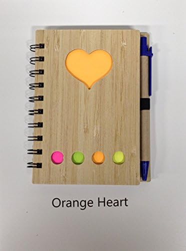 Bamboo Cover Note Book with Recycled Paper/Pen and Post It Notes (Heart Orange)
